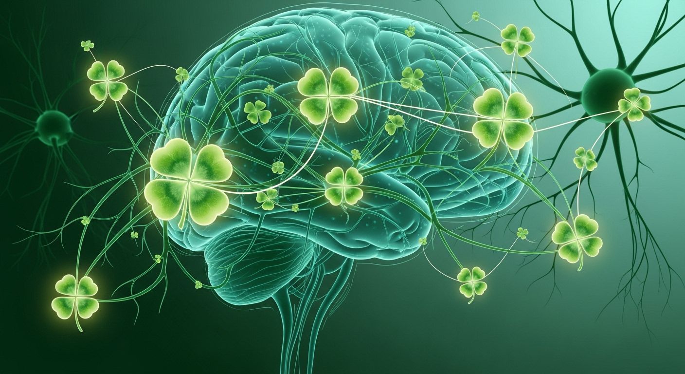 Conceptual illustration of brain pathways with green clovers representing stress and immunity.