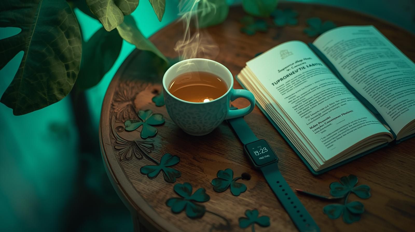 Calming evening routine with cup of tea and journal under green light.