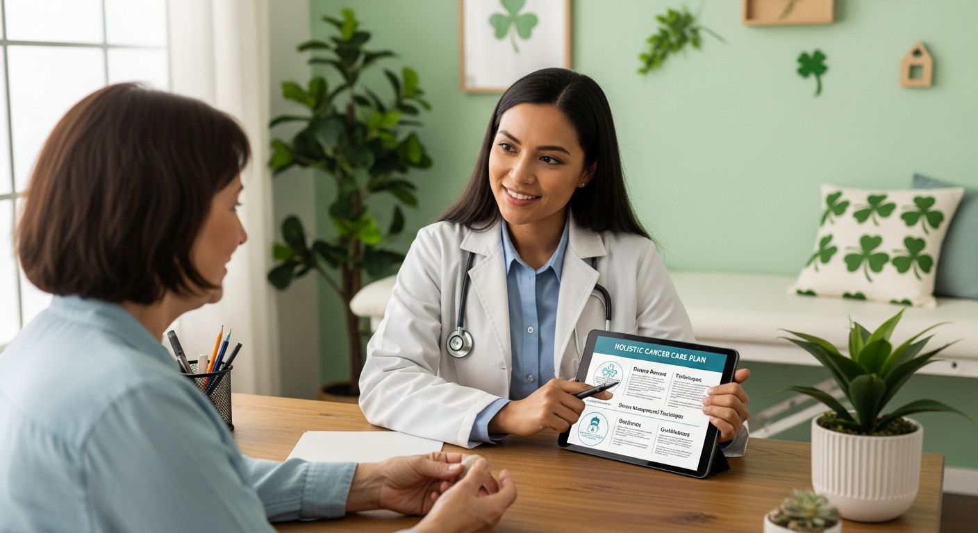 Healthcare professional in white coat reviewing a holistic cancer care plan with a patient.