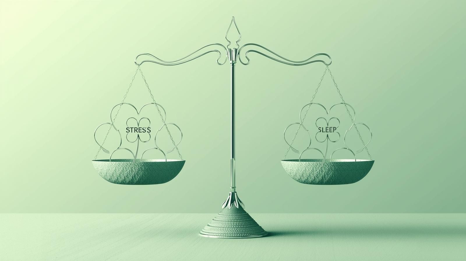 Infographic showing balanced scales for stress and sleep hormone regulation.