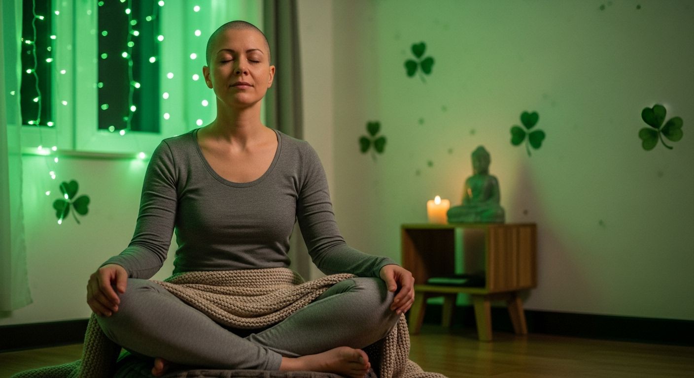 Person seated in mindfulness pose surrounded by a soothing green atmosphere.