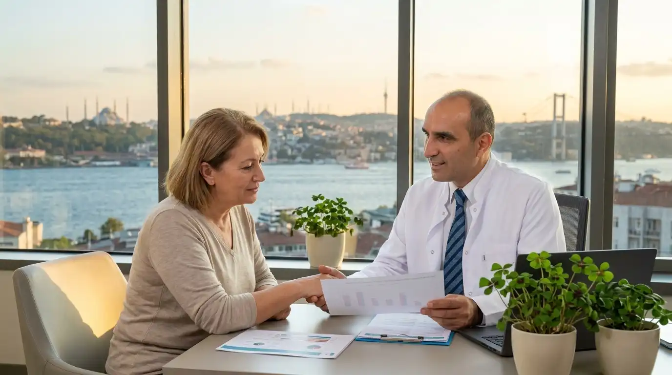 Experienced Istanbul surgeon consulting with an international female patient, X-ray scans visible on a tablet, four-leaf clover plant on the desk with Bosphorus and mosque skyline through the window