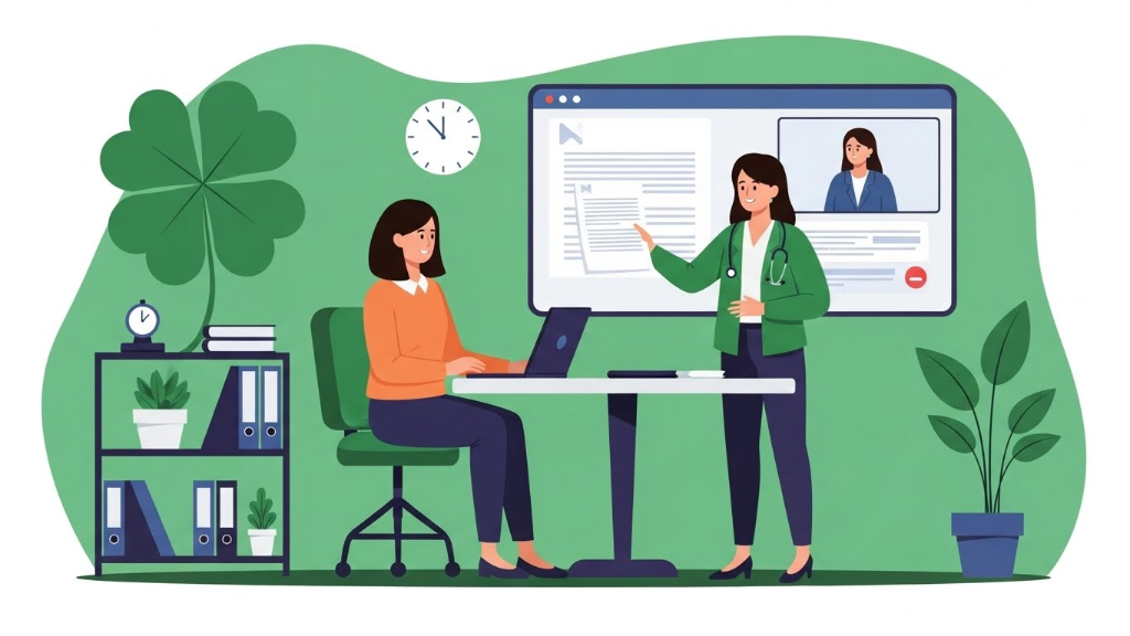 Medical travel coordinator assisting patient via video call showing treatment documents on screen in green themed office with four-leaf clover decoration telemedicine consultation