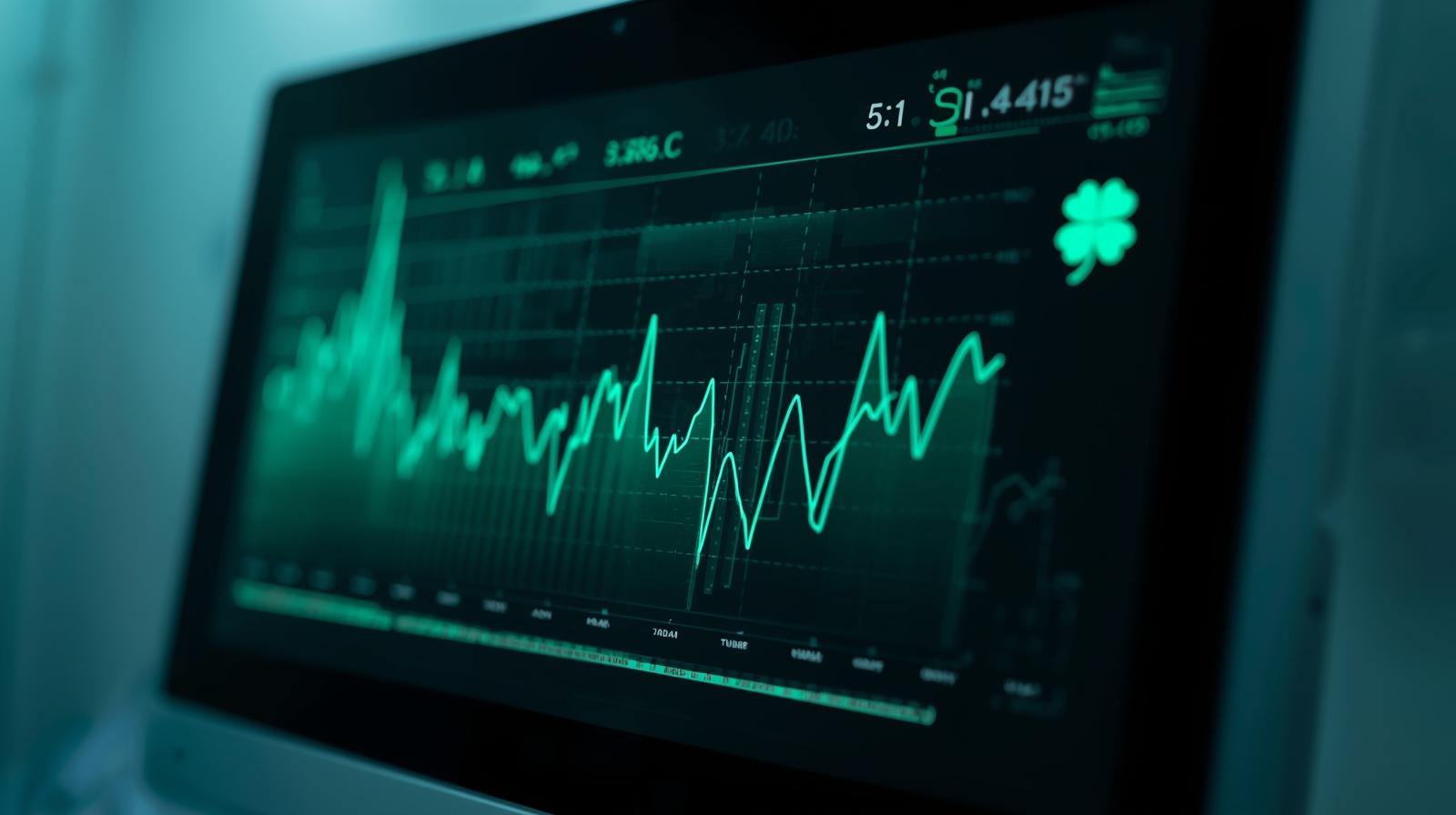 Digital medical monitor displaying tumor marker trend graph with rising and falling lines on green screen with four-leaf clover icon