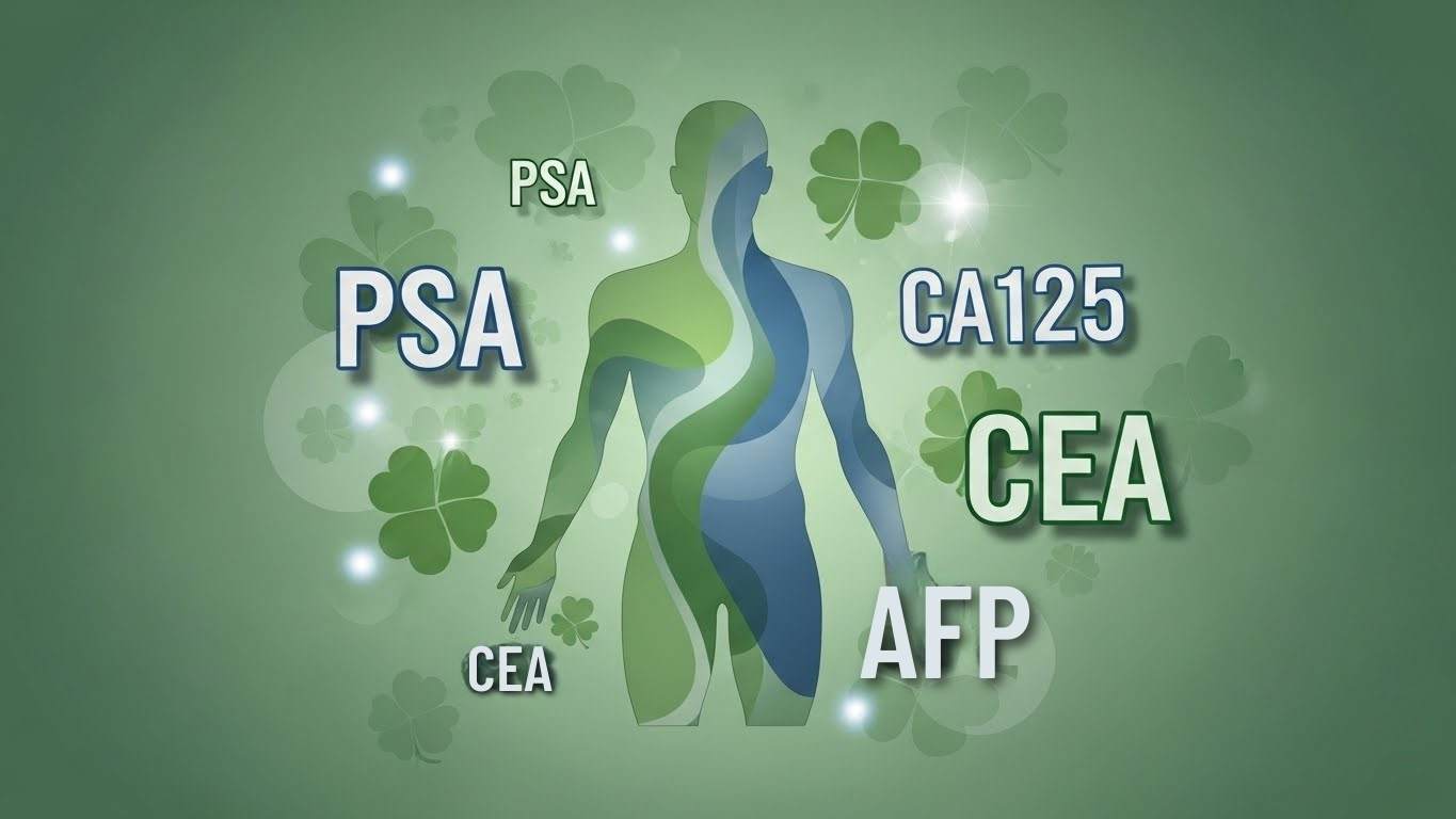 Human body silhouette with tumor marker abbreviations PSA CA125 CEA AFP floating around on green background with four-leaf clover patterns