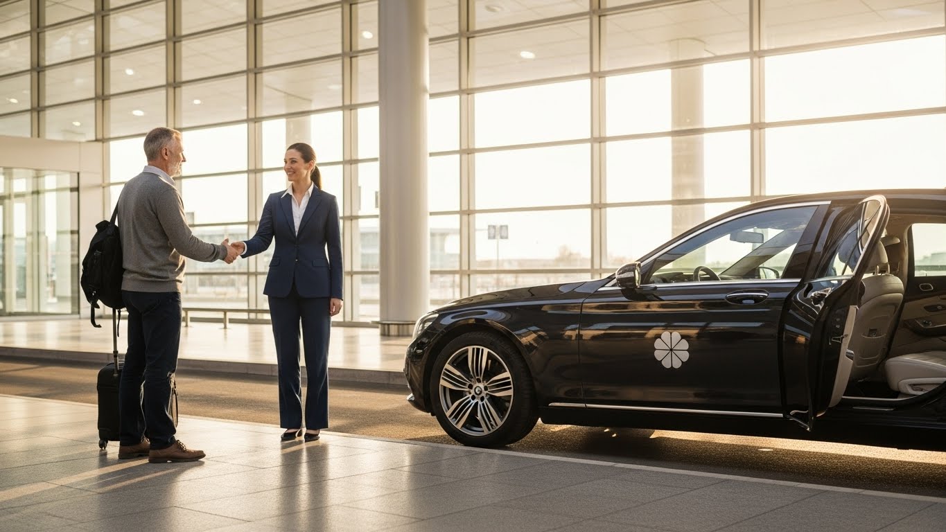 VIP airport transfer service with medical coordinator greeting international patient at arrival terminal with luxury vehicle featuring four-leaf clover logo