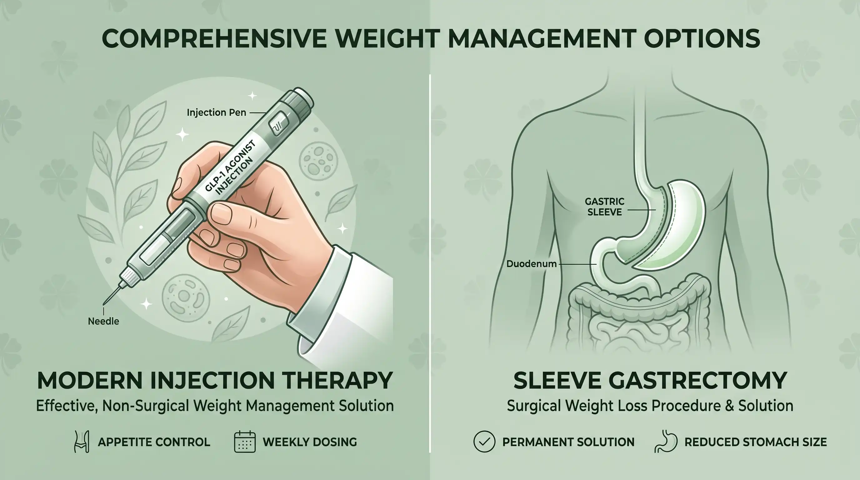 Diagram comparing a GLP-1 weight loss injection pen with a sleeve gastrectomy anatomical illustration showing the reduced stomach and duodenum, green theme with four-leaf clover accents