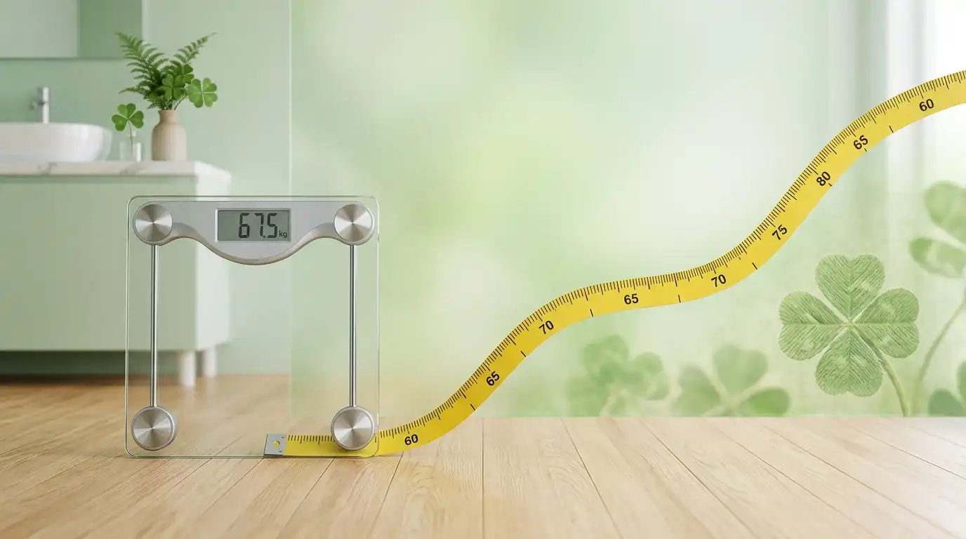 Bathroom scale showing bodyweight with a measuring tape curving upward, symbolizing weight regain, next to a four-leaf clover in a vase in a green bathroom setting