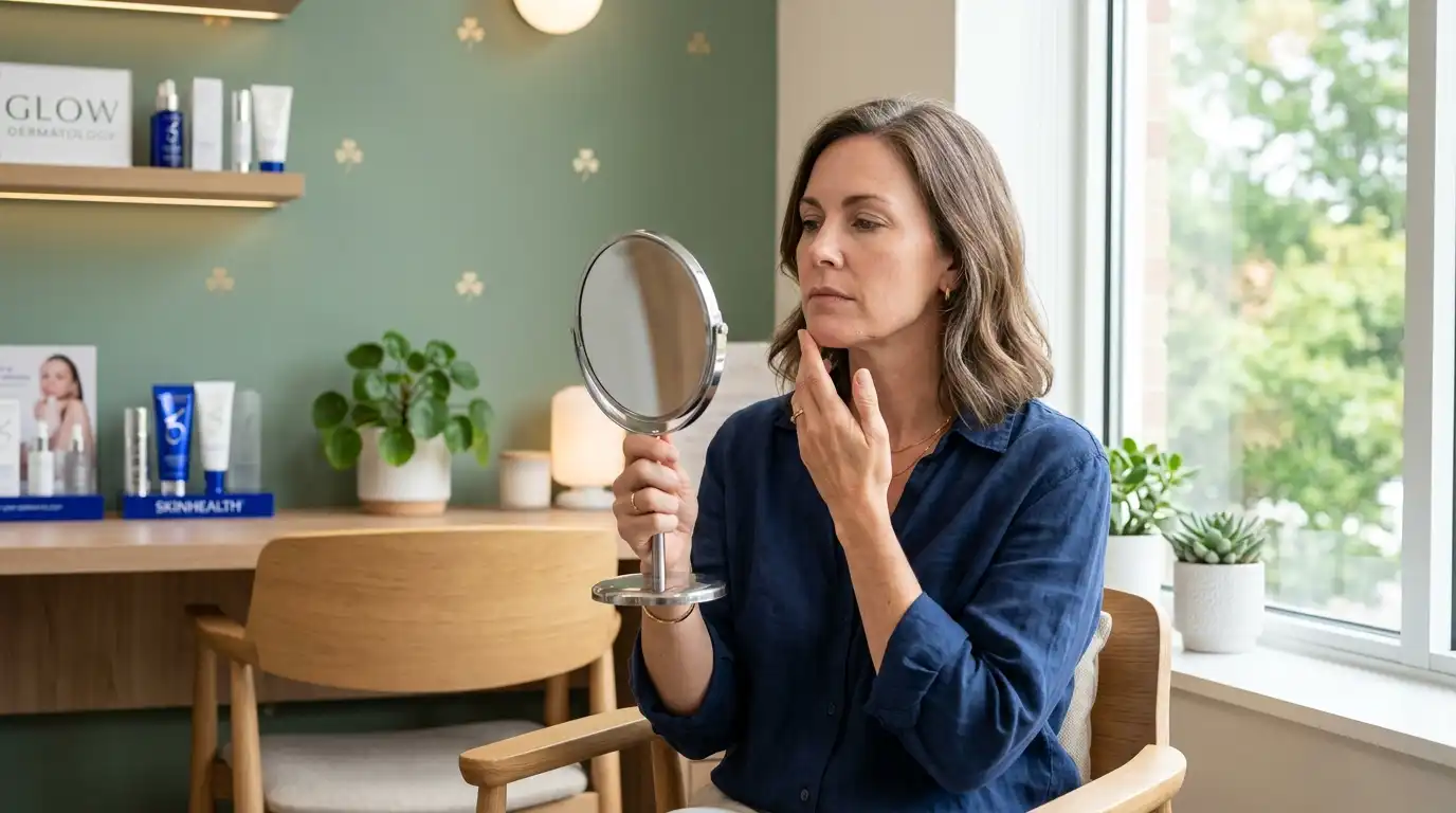 Middle-aged woman sitting in a modern dermatology clinic examining her face in a hand mirror, surrounded by skincare products and soft green decor with four-leaf clover accents