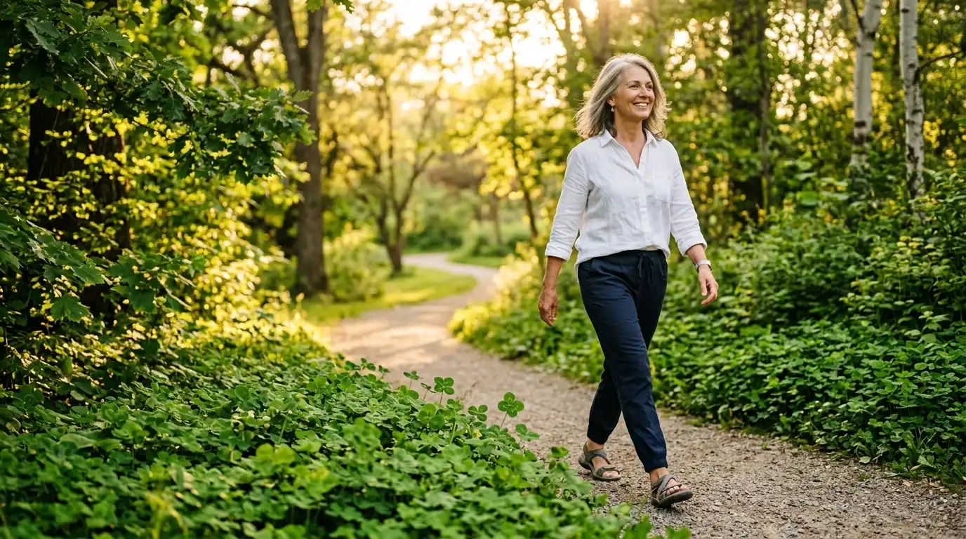Silver-haired woman walking confidently on a lush green nature path surrounded by four-leaf clover ground cover and trees in golden hour sunlight during facelift recovery