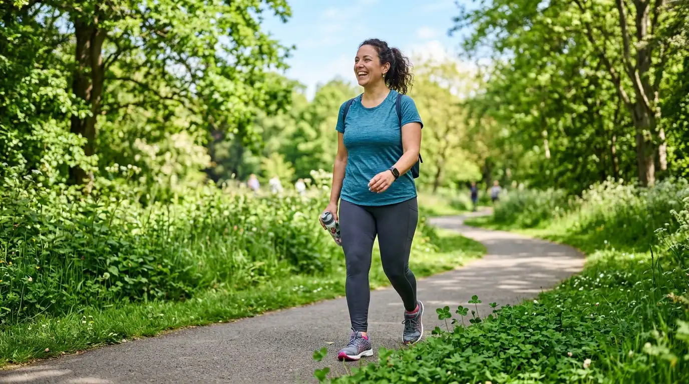 Happy woman in teal athletic shirt walking confidently on a lush green park path surrounded by clover plants, symbolizing successful long-term recovery after bariatric surgery